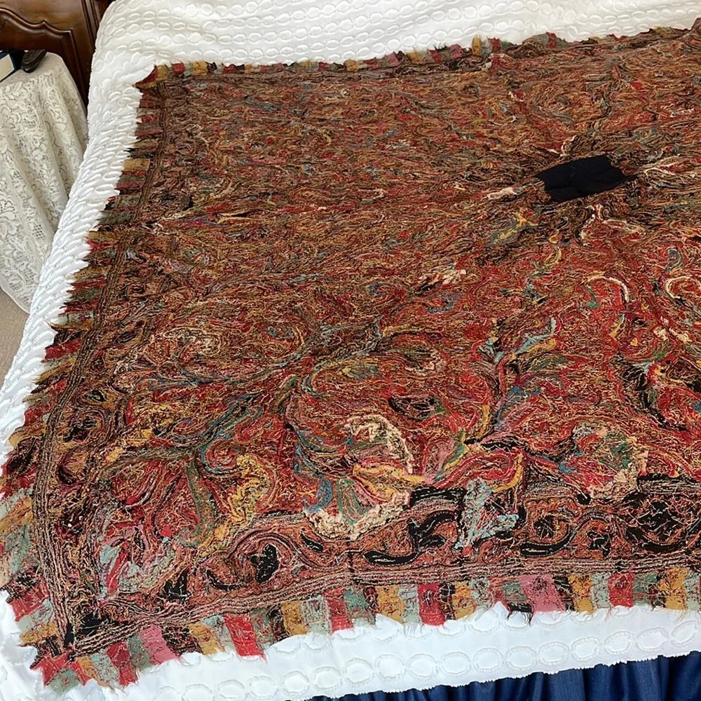 Antiquarian (1850s) Kashmir-a Wool Thread Piano Shawl: Paisley, France